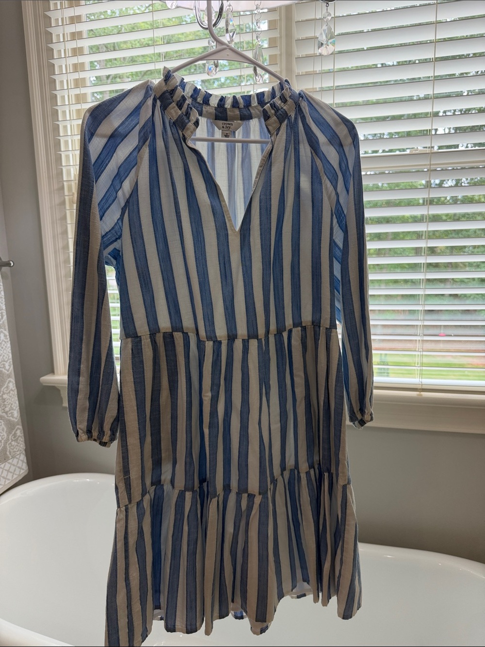 crown & ivy Blue and White Striped Tiered Peasant Dress